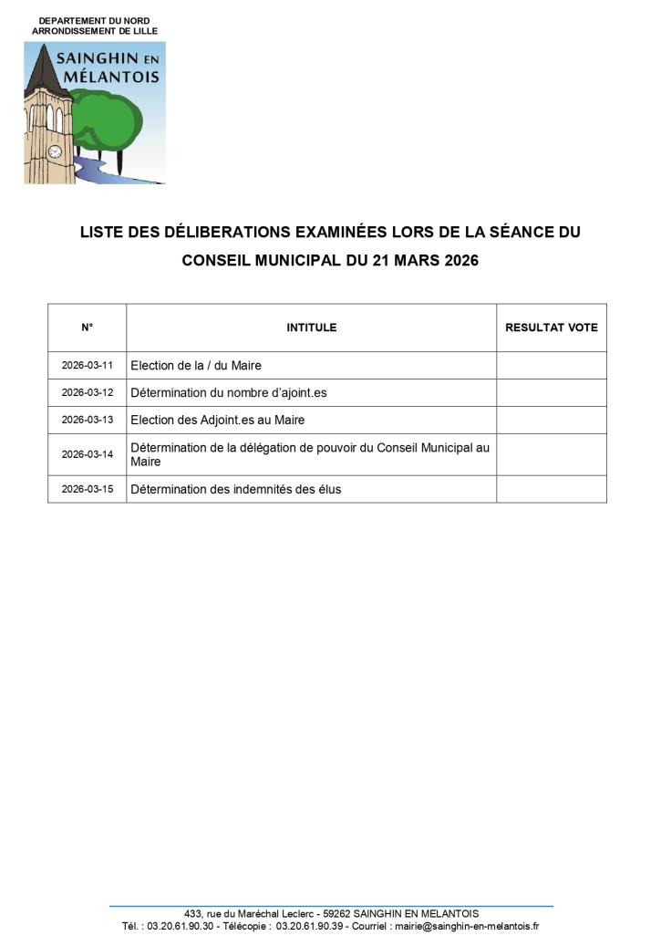 Liste des délibérations du Conseil Municipal du 21 mars 2026