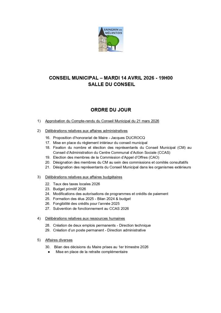 Ordre du jour du conseil municipal du 14 avril 2026