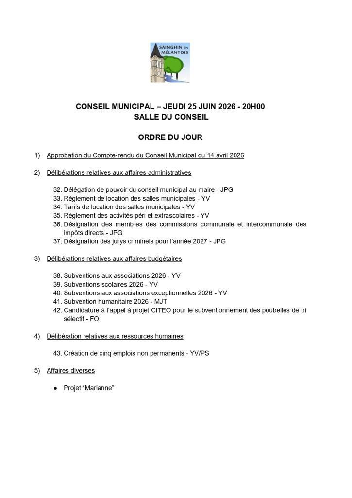 Ordre du jour du Conseil Municipal du 2026